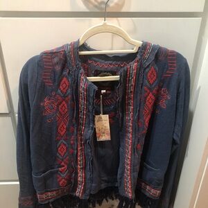 Johnny Was Fringe Jacket with Navy and Red Embroidery